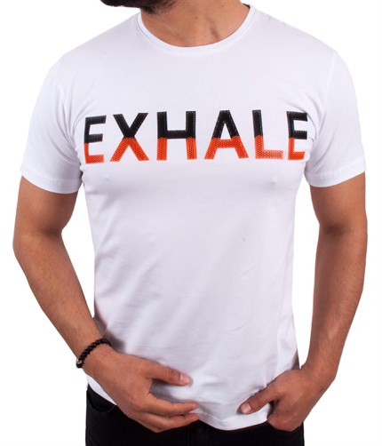 Beyaz Renk Exhale Baskılı Erkek Tişört