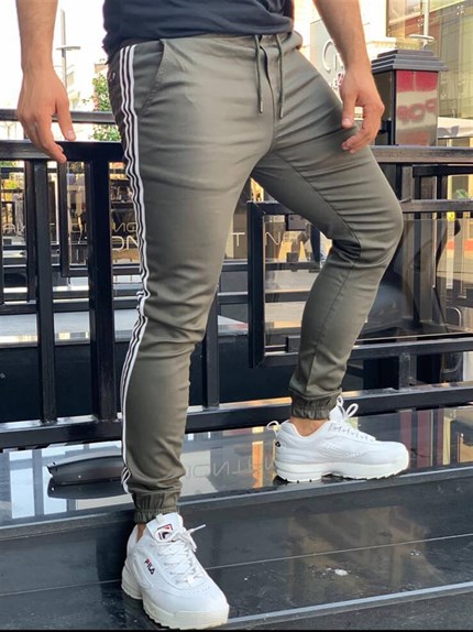 Haki Renk Yandan Şeritli Erkek Spor Pantolon